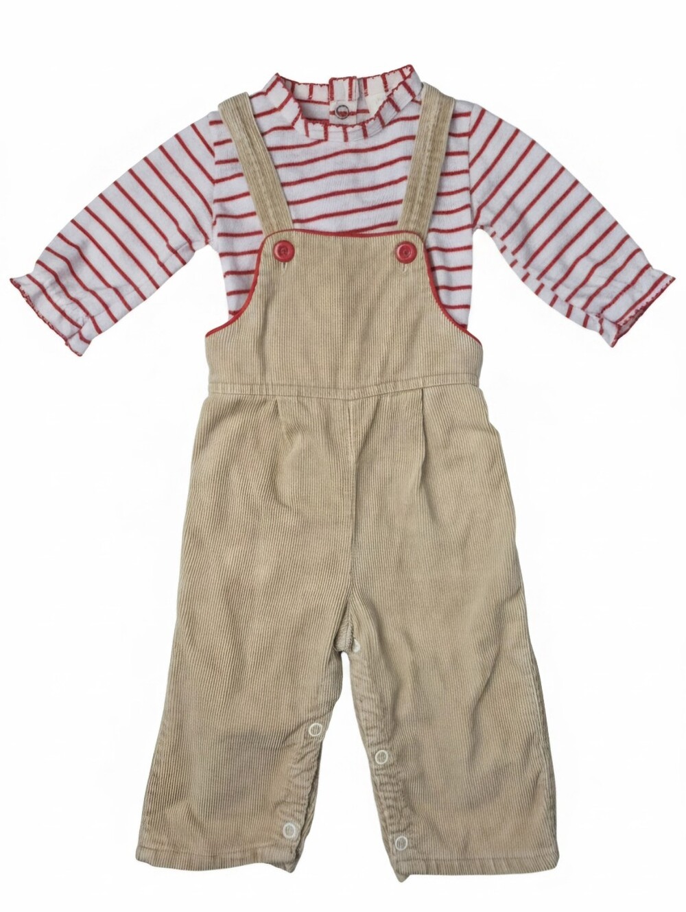 Vintage 80s Kessler Baby Corduroy Overalls Shirt Set Tan Red Stripe 6-9M USA